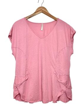 XCVI Lagenlook V-Neck Top Size Large Soft Pink Ruffle Hem Lightweight Casual